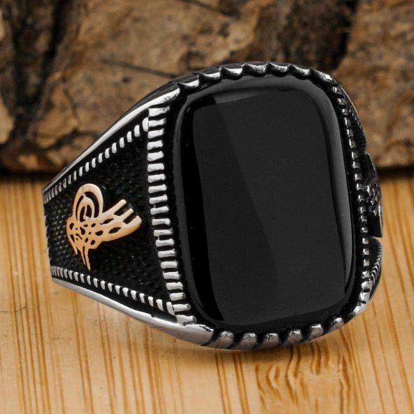 925 Ayar Gümüş Tuğralı  Oniks Taşlı Yüzük ürün görseli