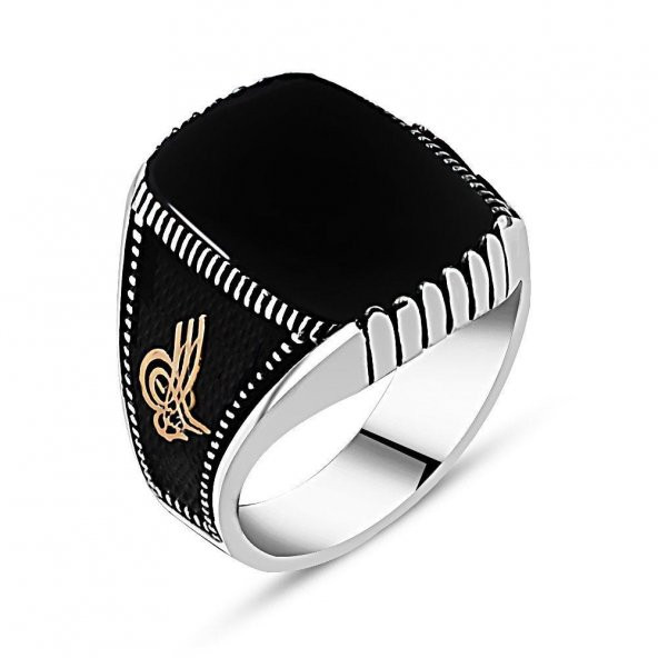 925 Ayar Gümüş Tuğralı  Oniks Taşlı Yüzük - Resim 3