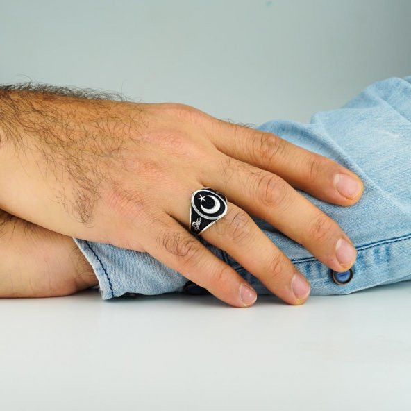 925 Ayar Gümüş Ay Yıldız Yüzük - Resim 2