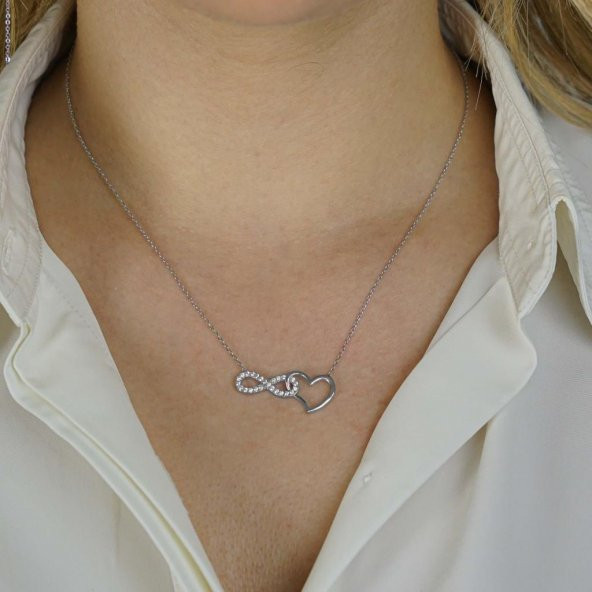 925 Ayar Gümüş Kalpli Sonsuzluk Kolyesi - Resim 2