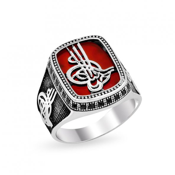 925 Ayar Gümüş Akik Taşlı Tuğra Model Yüzük ürün görseli 1