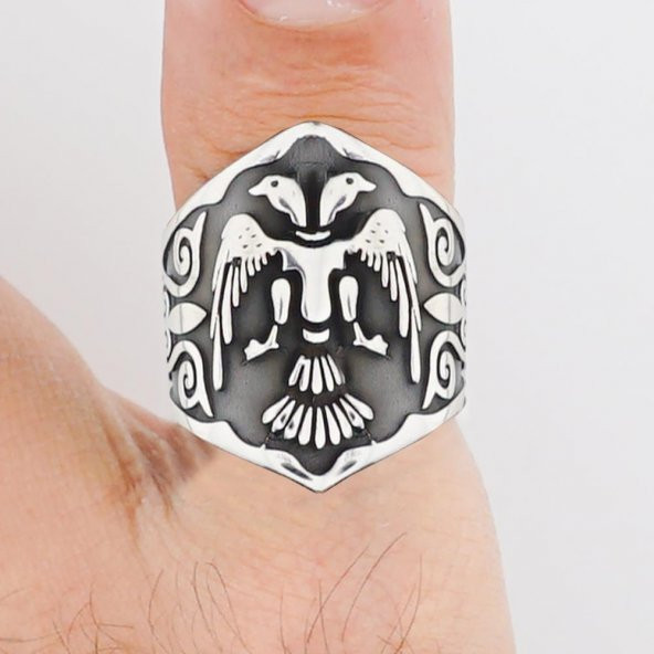 Çift Kartal Başlı Okçu Zihgir Model Gümüş Yüzük - Resim 2