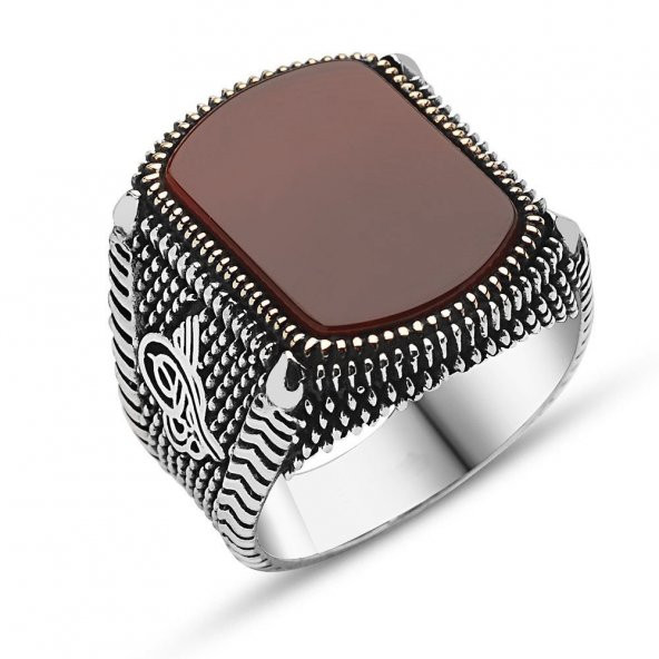 925 Ayar Gümüş Akik Taşlı Tuğralı Erkek Yüzük ürün görseli