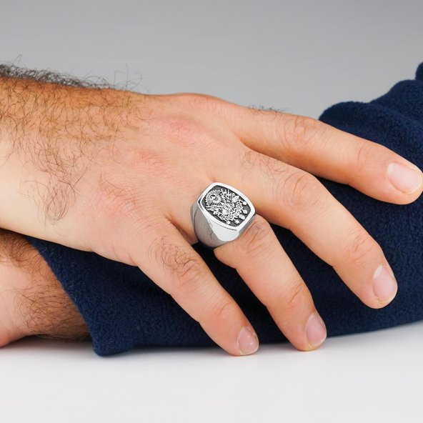 Osmanlı Devlet Armalı Gümüş Erkek Yüzük - Resim 2