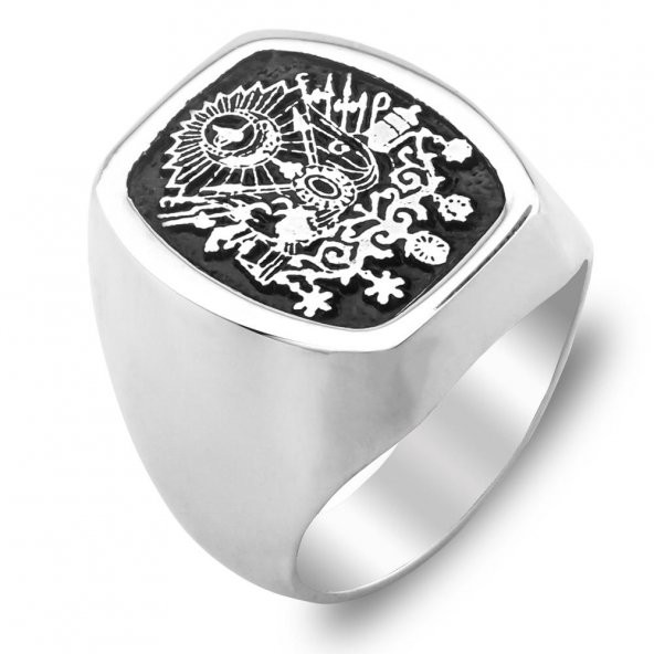 Osmanlı Devlet Armalı Gümüş Erkek Yüzük - Resim 3