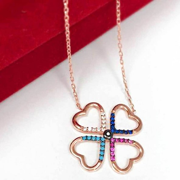 925 Ayar Gümüş  Kalpli Yonca Kolye ürün görseli 1