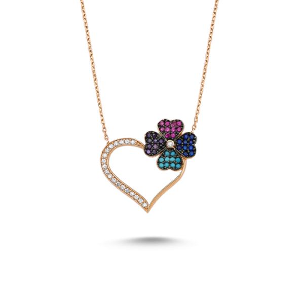 925 Ayar Gümüş Zirkon Taşlı Yoncalı Kalp Kolye ürün görseli 1