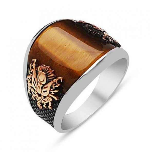 925 Ayar Gümüş Osmanlı Devlet Armalı Kaplan Gözlü Yüzük ürün görseli 1