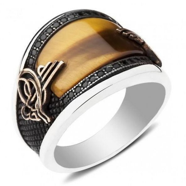 925 Ayar Gümüş Osmanlı Tuğralı Kaplan Gözlü Yüzük ürün görseli