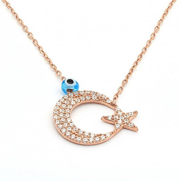 925 Ayar Gümüş Zirkon Taşlı Nazar Boncuklu Ay Yıldız Kolye 2 ürün görseli 1