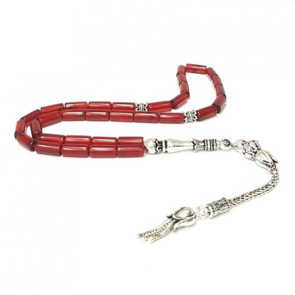 925 Ayar Gümüş Püsküllü Kesme  Sıkma Kehribar Tesbih Model-1 ürün görseli 1