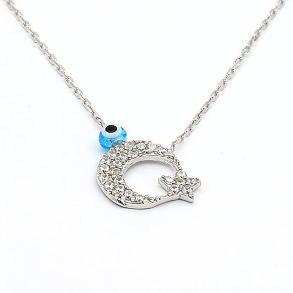 925 Ayar Gümüş Zirkon Taşlı Nazar Boncuklu Ay Yıldız Kolye ürün görseli 1