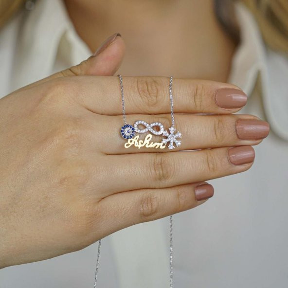 925 Ayar Gümüş Aşkım Yazılı Sonsuzluk Nazar Kar Tanesi Kolye ürün görseli 1