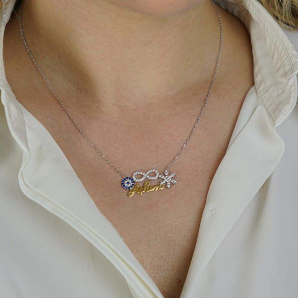 925 Ayar Gümüş Aşkım Yazılı Sonsuzluk Nazar Kar Tanesi Kolye - Resim 2