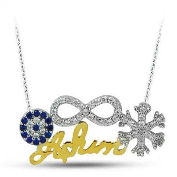 925 Ayar Gümüş Aşkım Yazılı Sonsuzluk Nazar Kar Tanesi Kolye - Resim 3