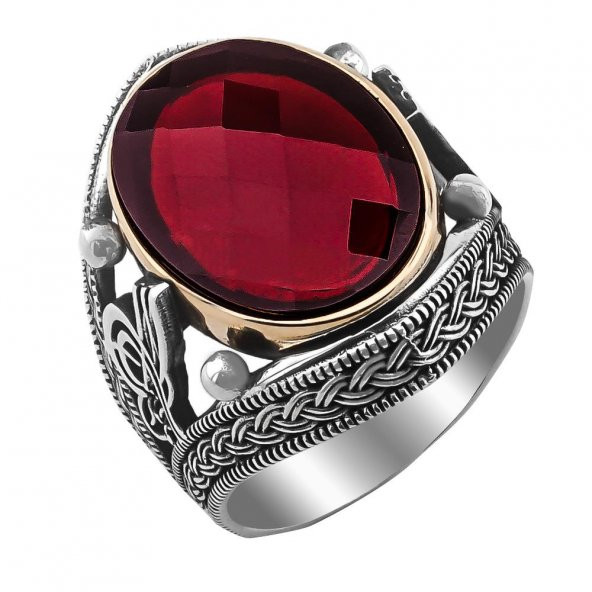 925 Ayar Gümüş Zirkon Taşlı Tuğralı Erkek Yüzük 3 - Resim 2