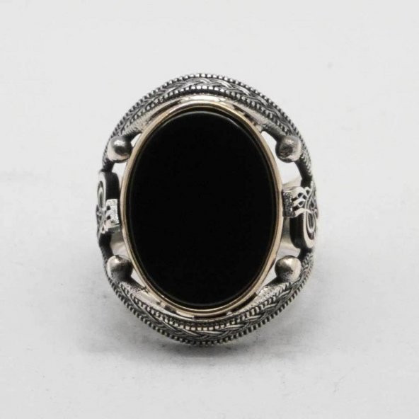 925 Ayar Gümüş Osmanlı Tuğralı Oniks Taşlı Erkek Yüzük - Resim 2
