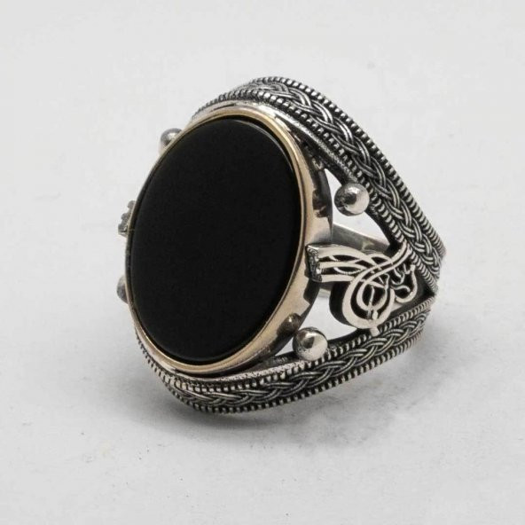 925 Ayar Gümüş Osmanlı Tuğralı Oniks Taşlı Erkek Yüzük - Resim 4