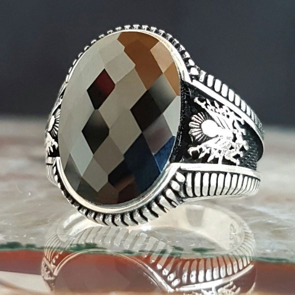 925 Ayar Gümüş Osmanlı Devlet Armalı Zirkon Taşlı Yüzük ürün görseli 1