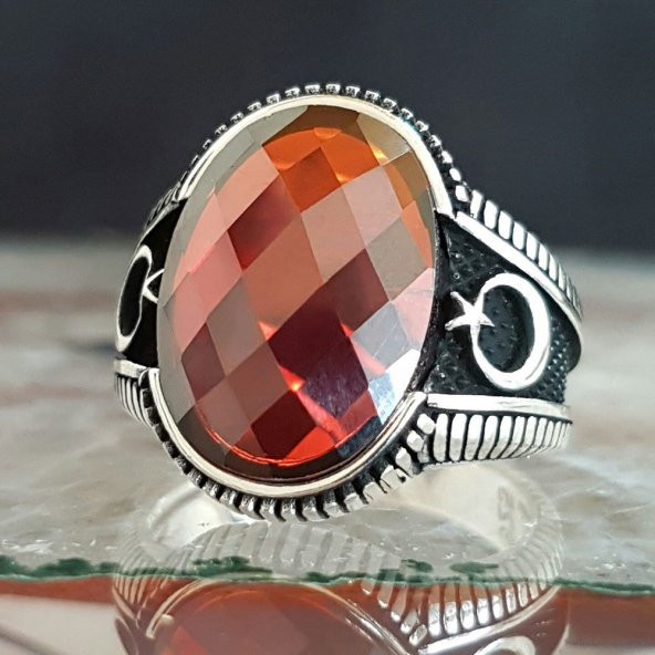 925 Ayar Gümüş Zirkon Taşlı Ay Yıldız Detaylı Erkek Yüzük ürün görseli