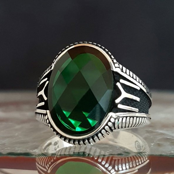 925 Ayar Gümüş Zirkon Taşlı Kayı Boyu Detaylı Erkek Yüzük ürün görseli