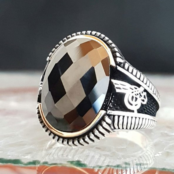 925 Ayar Gümüş Zirkon Taşlı Tuğra Detaylı Erkek Yüzük ürün görseli 1