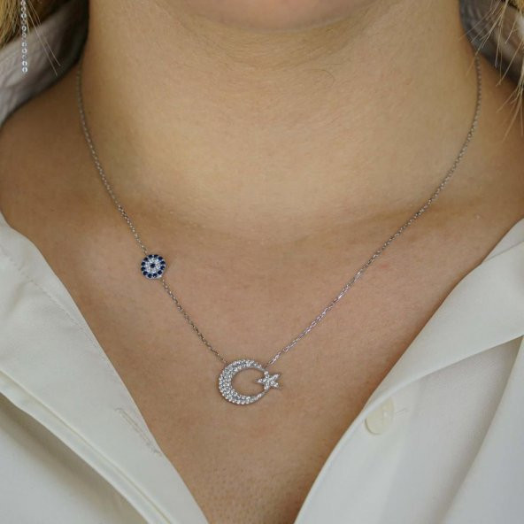 925 Ayar Gümüş Zirkon Taşlı Nazar Ay Yıldız Kolye ürün görseli