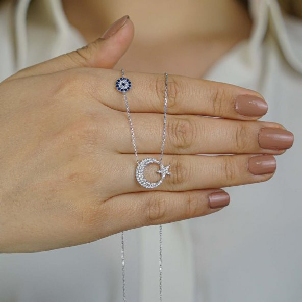 925 Ayar Gümüş Zirkon Taşlı Nazar Ay Yıldız Kolye - Resim 2