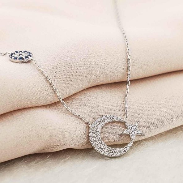 925 Ayar Gümüş Zirkon Taşlı Nazar Ay Yıldız Kolye - Resim 3