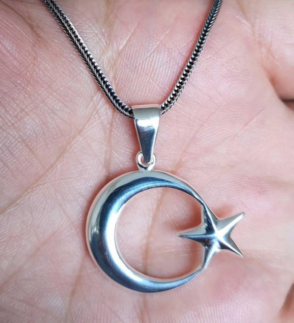 925 Ayar Gümüş Ay Yıldız   Erkek Kolye - 2