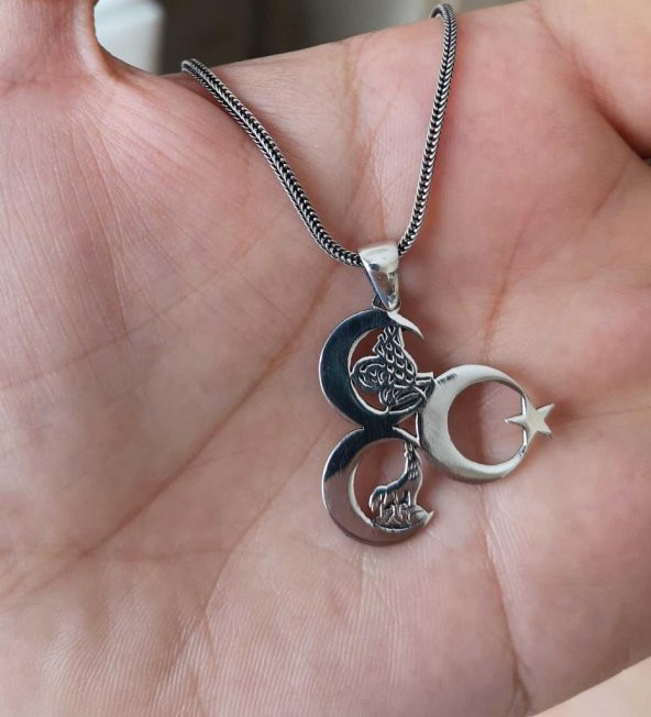 925 Ayar Gümüş Üç Hilal Tuğra Ve Bozkurt Motifli Erkek Kolye - 2