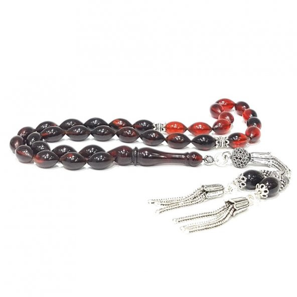 925 Ayar Gümüş Püsküllü Arpa Kesim Sıkma Kehribar Tesbih Model-2 ürün görseli