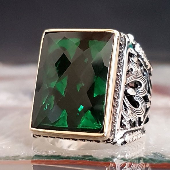 Yeşil Zirkon Taşlı Faset Kesimli 925 Ayar Gümüş Erkek Yüzük ürün görseli