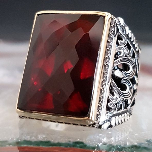 Kırmızı Zirkon Taşlı 925 Ayar Gümüş Erkek Yüzük ürün görseli