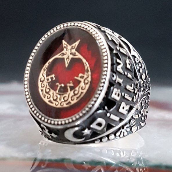 Ay yıldızlı Bir Ölür Bin Diriliriz Yazılı Gümüş Yüzük ürün görseli