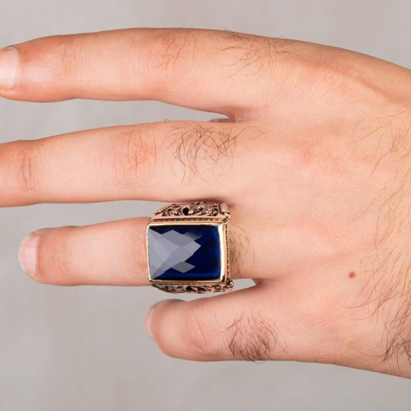 Özel Dikdörtgen Tasarımlı Mavi Zirkon Taşlı Gümüş Yüzük - Resim 4