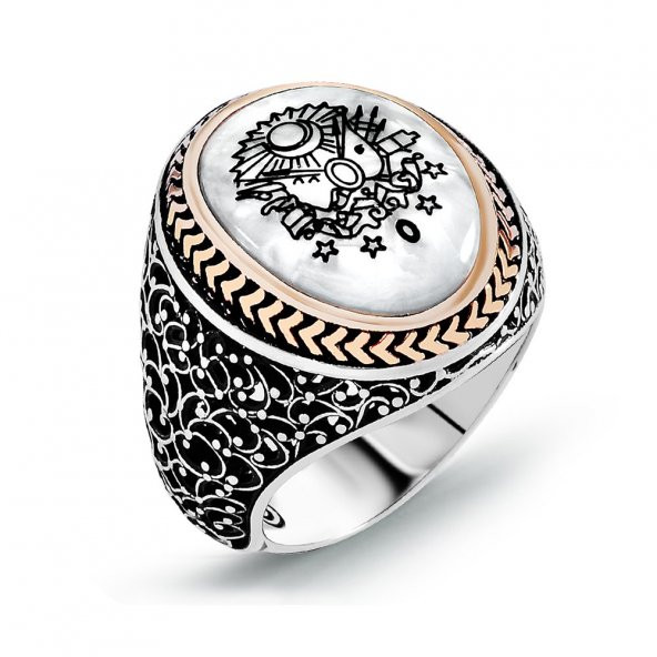 925 Ayar Gümüş Osmanlı Devlet Armalı Sedef Yüzük ürün görseli 1