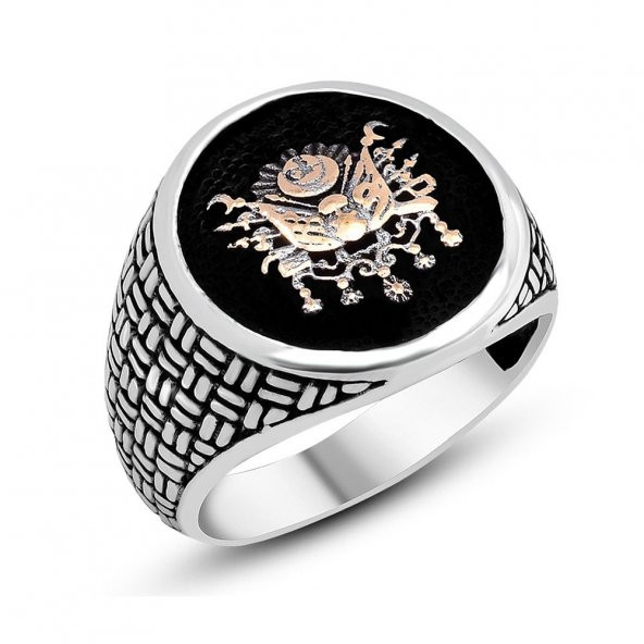 925 Ayar Gümüş Hasır Desenli Osmanlı Devlet Armalı Yüzük ürün görseli