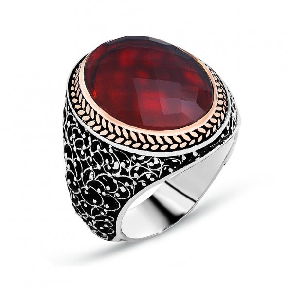 925 Ayar Gümüş Kırmızı Zirkon Taşlı Erkek Yüzük ürün görseli 1