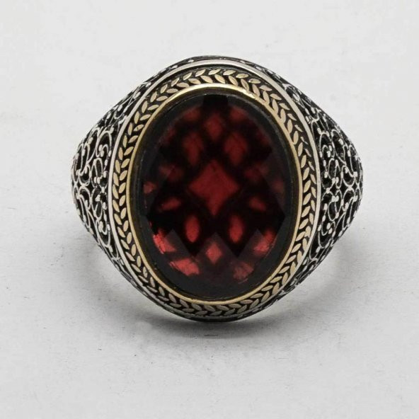 925 Ayar Gümüş Kırmızı Zirkon Taşlı Erkek Yüzük - Resim 2