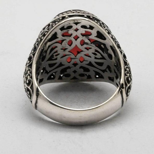 925 Ayar Gümüş Kırmızı Zirkon Taşlı Erkek Yüzük - Resim 5