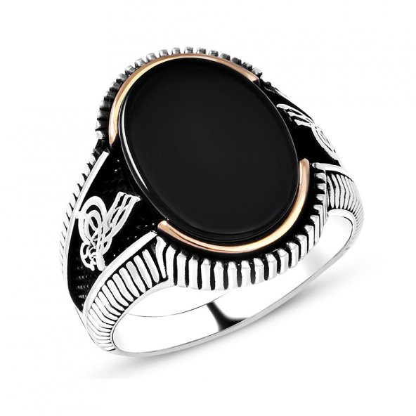 925 Ayar Gümüş Oniks Taşlı ve Tuğralı Yüzük ürün görseli