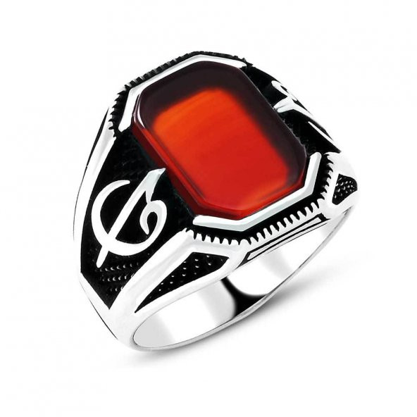 925 Ayar gümüş Elif Vav Detaylı Akik Taşlı Yüzük ürün görseli