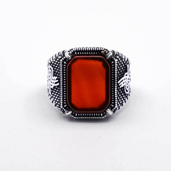 925 ayar Gümüş Tuğra Detaylı Akik Taşlı Erkek Yüzük - Resim 2