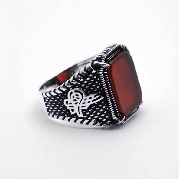 925 ayar Gümüş Tuğra Detaylı Akik Taşlı Erkek Yüzük - Resim 3