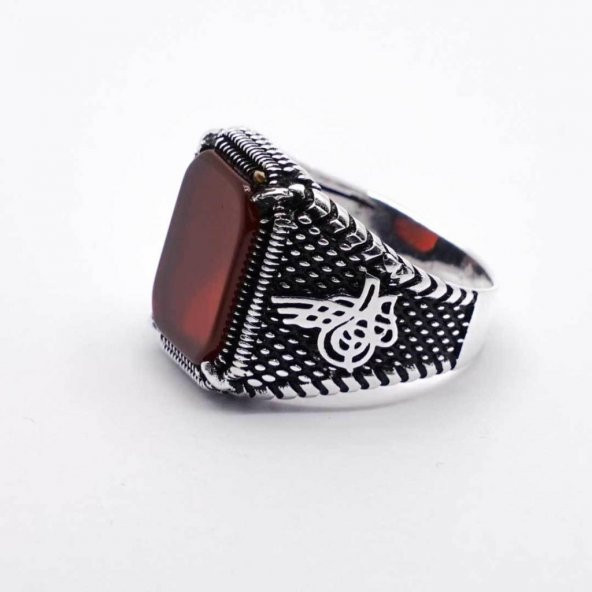 925 ayar Gümüş Tuğra Detaylı Akik Taşlı Erkek Yüzük - Resim 4