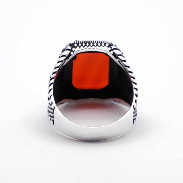 925 ayar Gümüş Tuğra Detaylı Akik Taşlı Erkek Yüzük - Resim 5