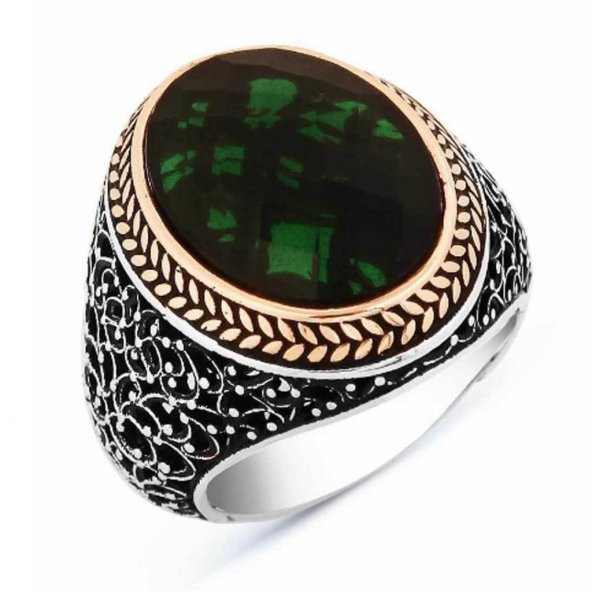 925 Ayar Gümüş Yeşil Zirkon Taşlı Erkek Yüzük ürün görseli 1