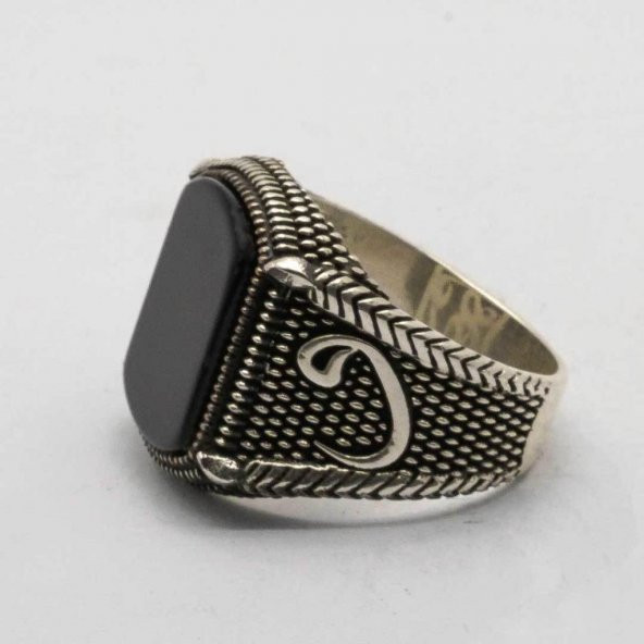 925 Ayar gümüş Vav Detaylı Oniks Taşlı Erkek Yüzük - Resim 4