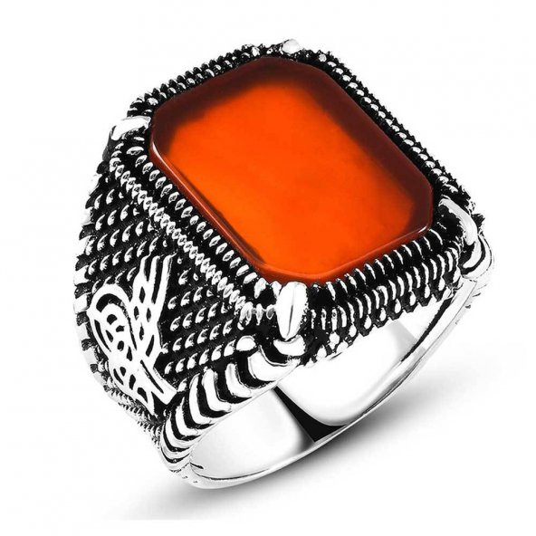 925 ayar Gümüş Tuğra Detaylı Akik Taşlı Erkek Yüzük ürün görseli